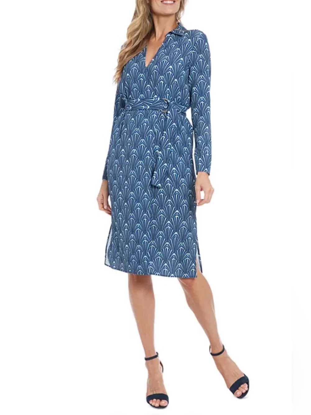 LONDON TIMES Blue Patterned Long-Sleeve Wrap Dress